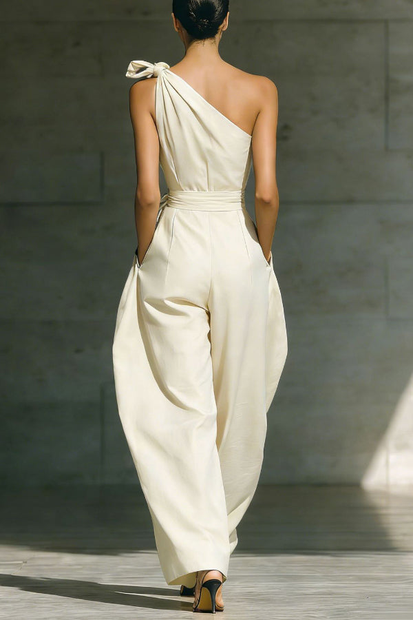 Cardydony Women's Solid Color Sleeveless One-shoulder Fitted Waist Casual Pocket Loose Wide-leg Jumpsuit