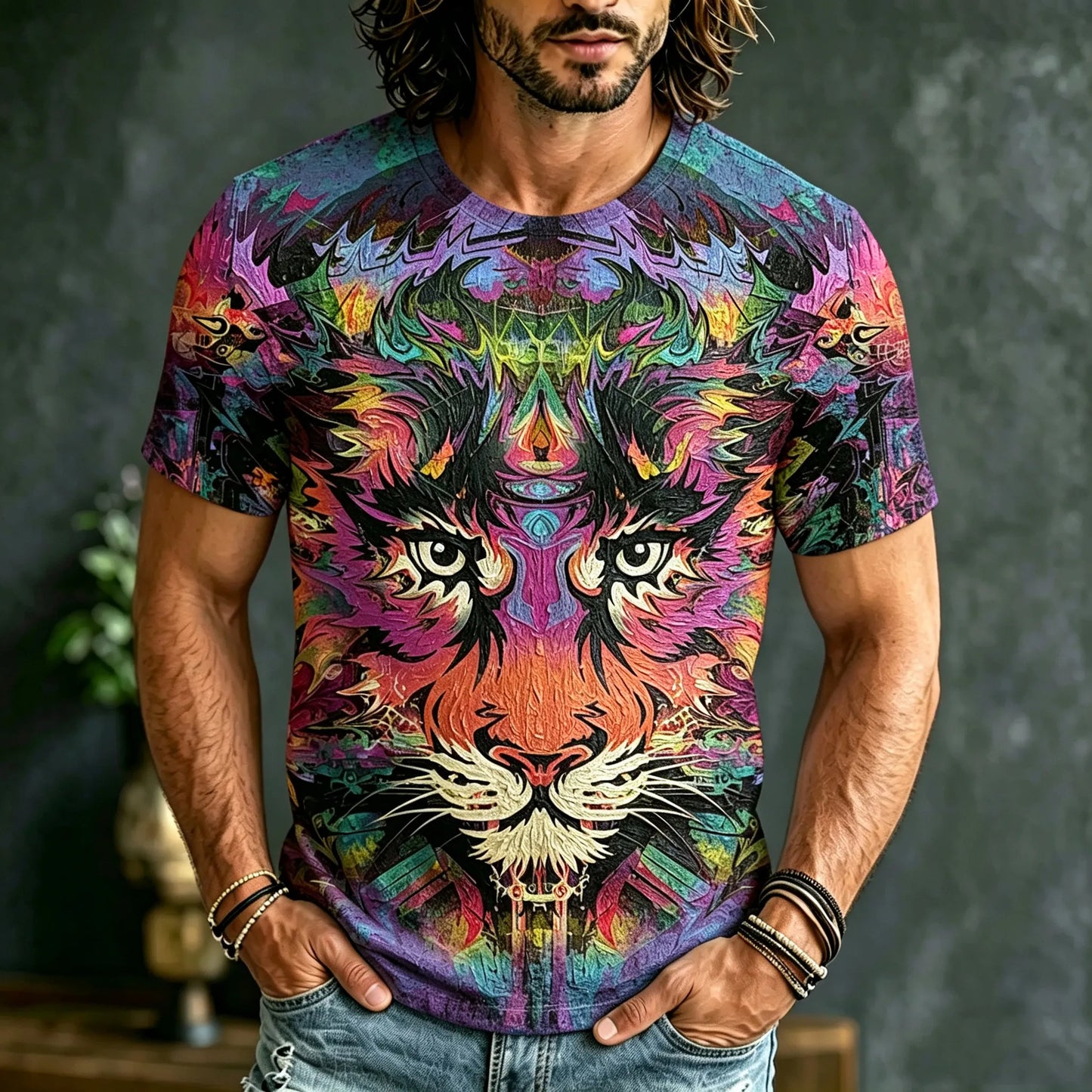 Cardydony Men's Retro Tiger Head Print T-shirt