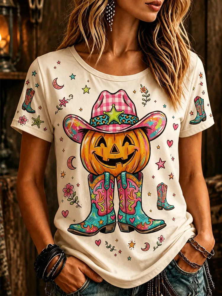Cardydony Women's Halloween Pumpkin Wearing Boots And A Cowboy Hat Short-sleeve Top