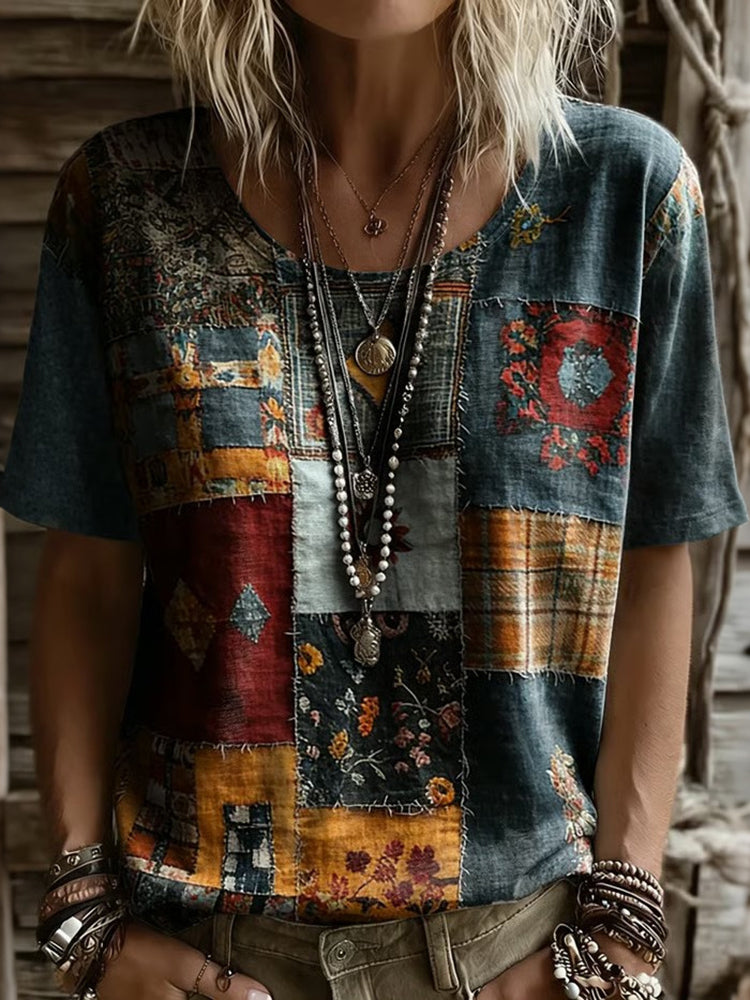 Cardydony Women's Vintage Tribal Floral Pattern Short Sleeved T-shirt