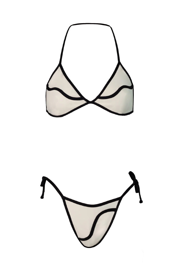 Cardydony Women's Black and White Color-blocked Two-piece Stretch Bikini Swimsuit and Elegant Ruffled Maxi Skirt Set