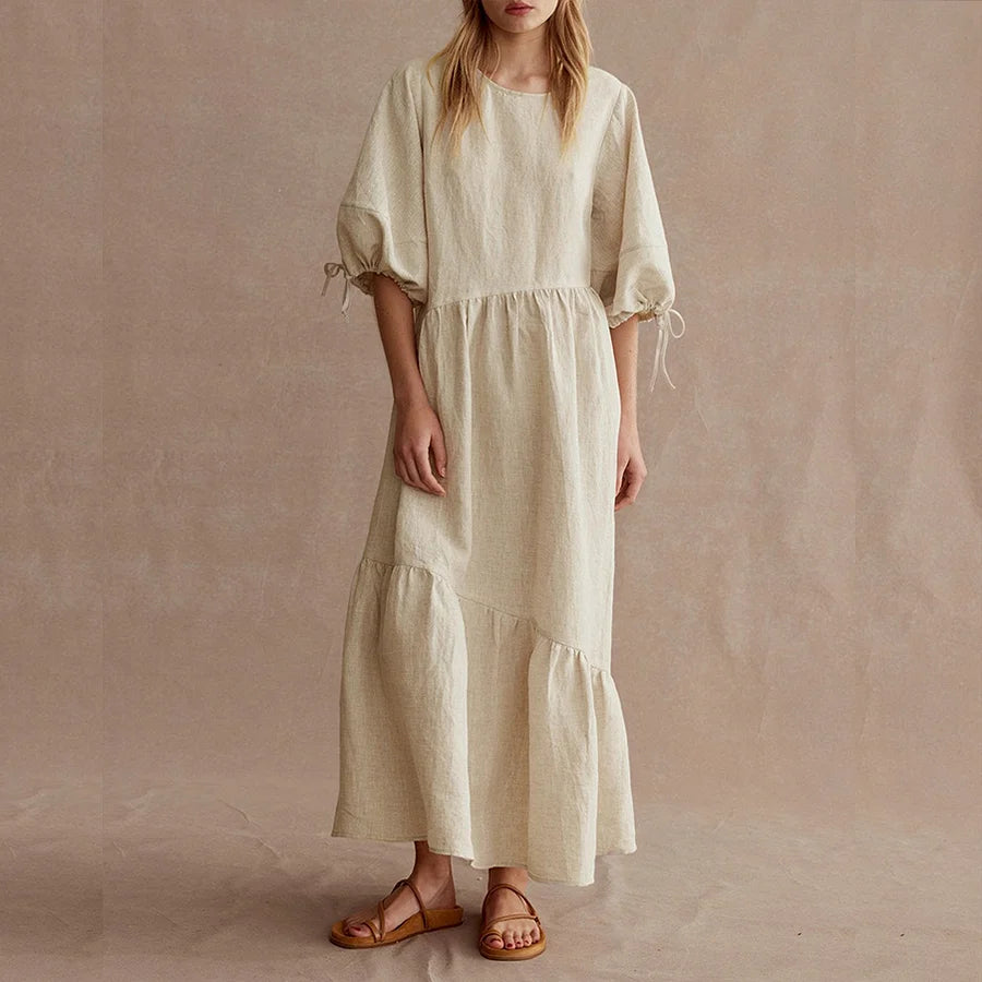 Cardydony Round Collar Pleated Design Casual Linen Dress