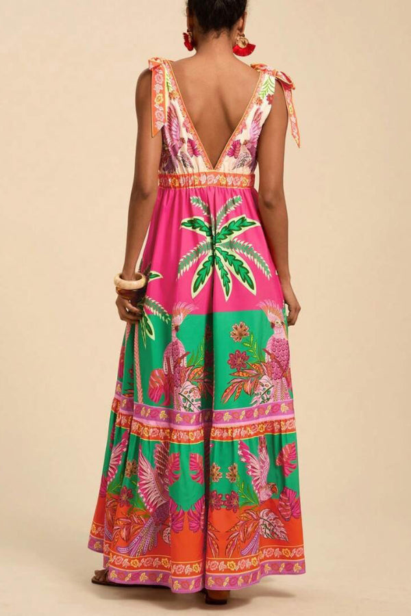 Cardydony Women's Tropical Rainforest Print Loose V-neck Casual Vacation Maxi Dress