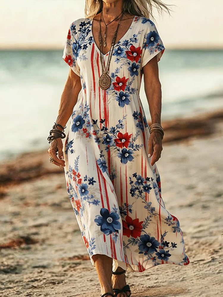 Cardydony Women's 250th Floral Embroidered Print Short Sleeve Maxi Dress