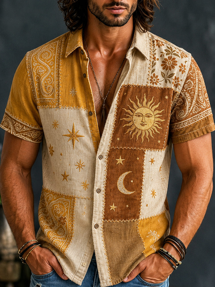 Cardydony Men's Vintage Hippie Art Stars And Moon Patchwork Print Casual Shirt