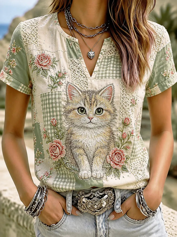 Cardydony Women's Cat Perm Hot Diamond Flowers Patchwork Print Casual T-shirt