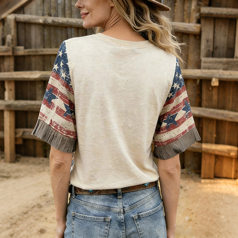 Cardydony Women's Vintage Independence Day Flag Patchwork Art Printt-shirt