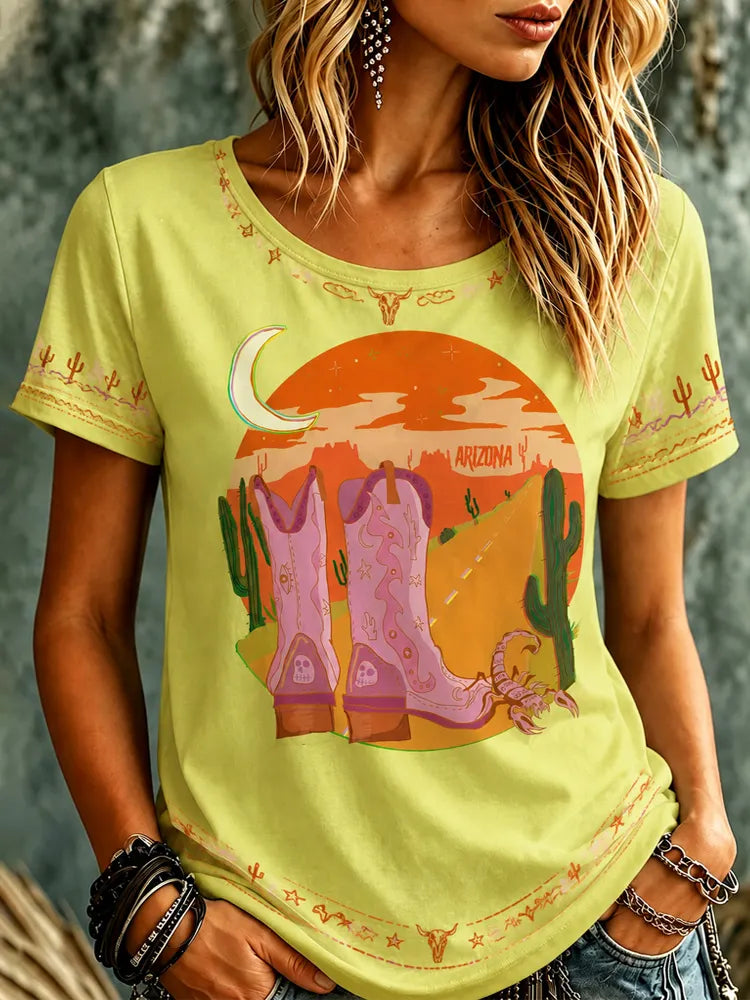 Cardydony Women's Western Country Cowboy Desert Road Cowboy Boots Short Sleeve Top