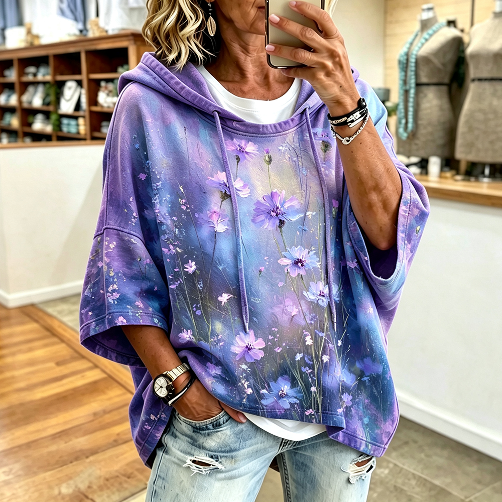 Cardydony Women's Short Sleeve Hooded Sweatshirt - Purple-blue Dreamy Gradient With Blooming Wildflower And Cornflower Print Top