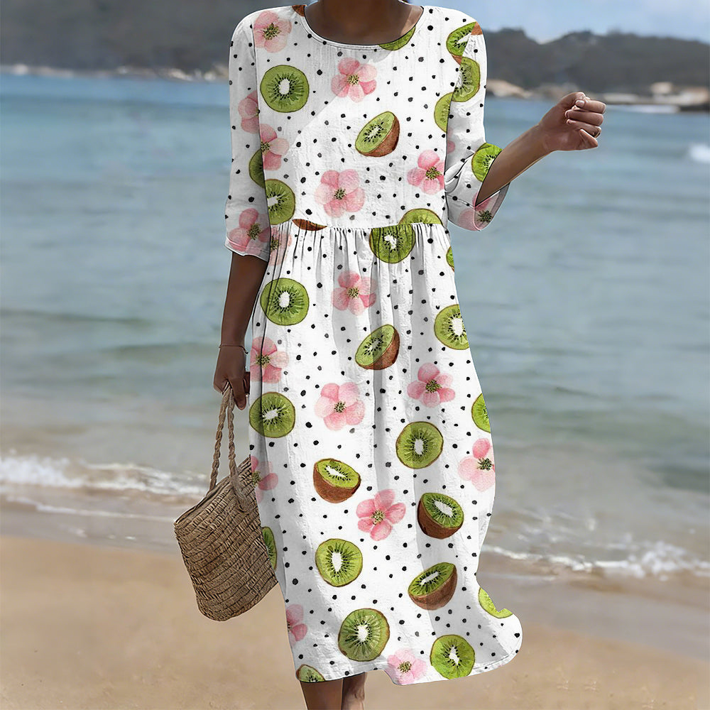 Cardydony Kiwis & Flowers Art Pattern Cozy Linen Midi Dress