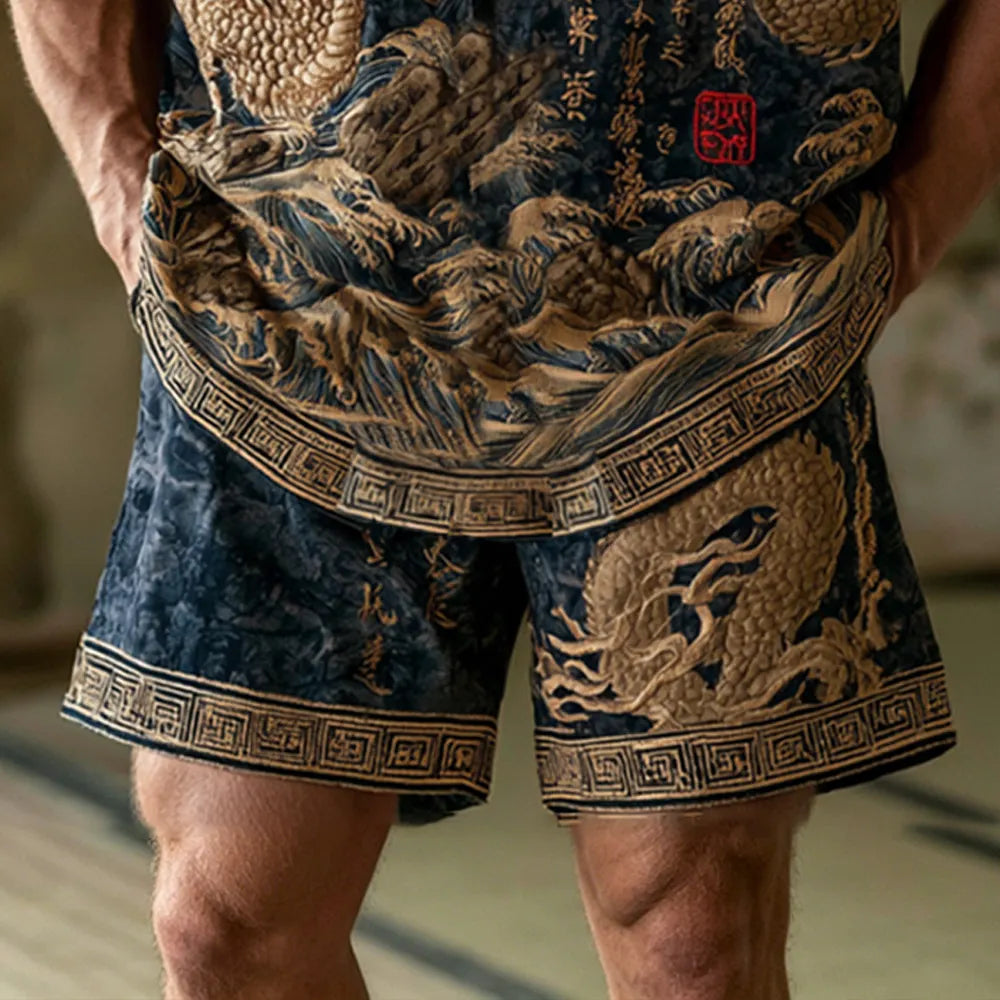 Cardydony Men's Dragon Pattern And Calligraphy Gold Embroidery Vintage Cotton Linen V-neck Top And Shorts Two-piece Set
