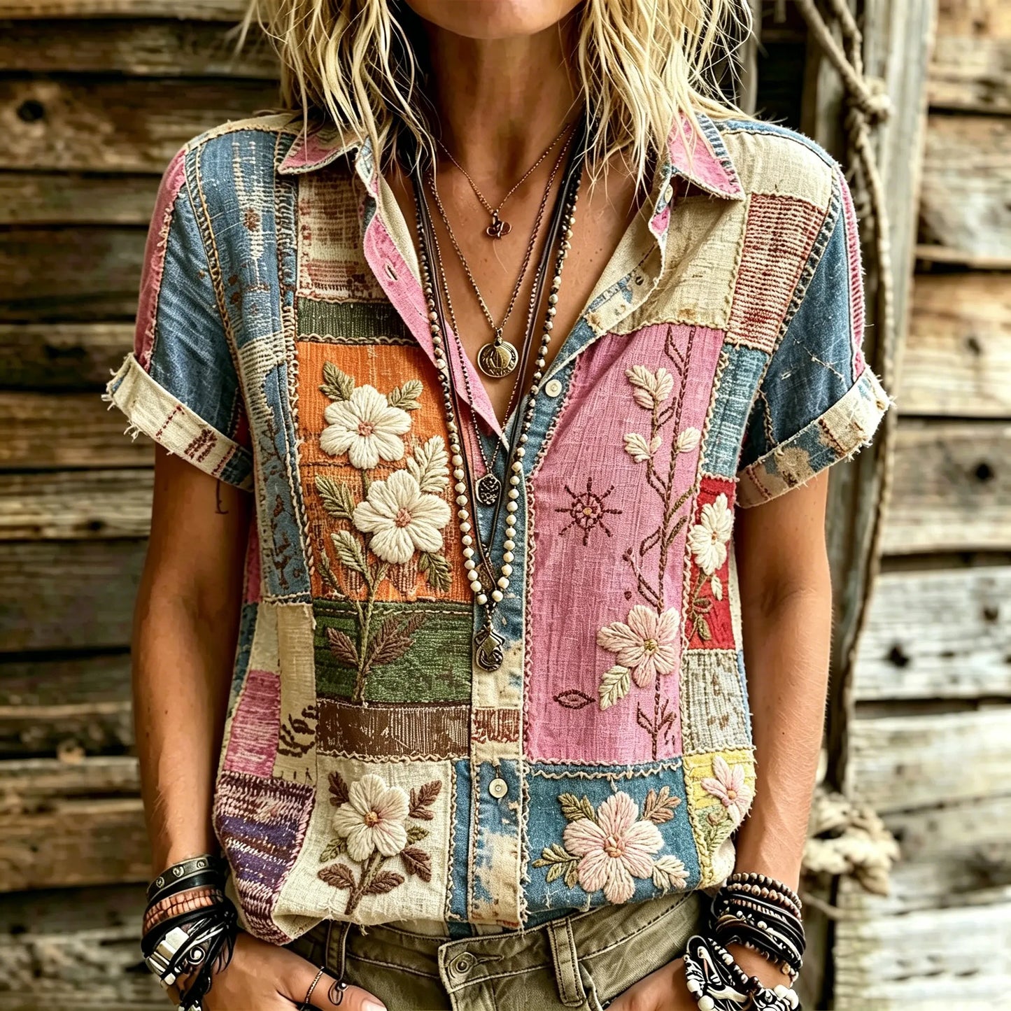Cardydony Women's Retro Bohemian Hippie Style Floral Patchwork Embroidered Print Short-sleeve Shirt