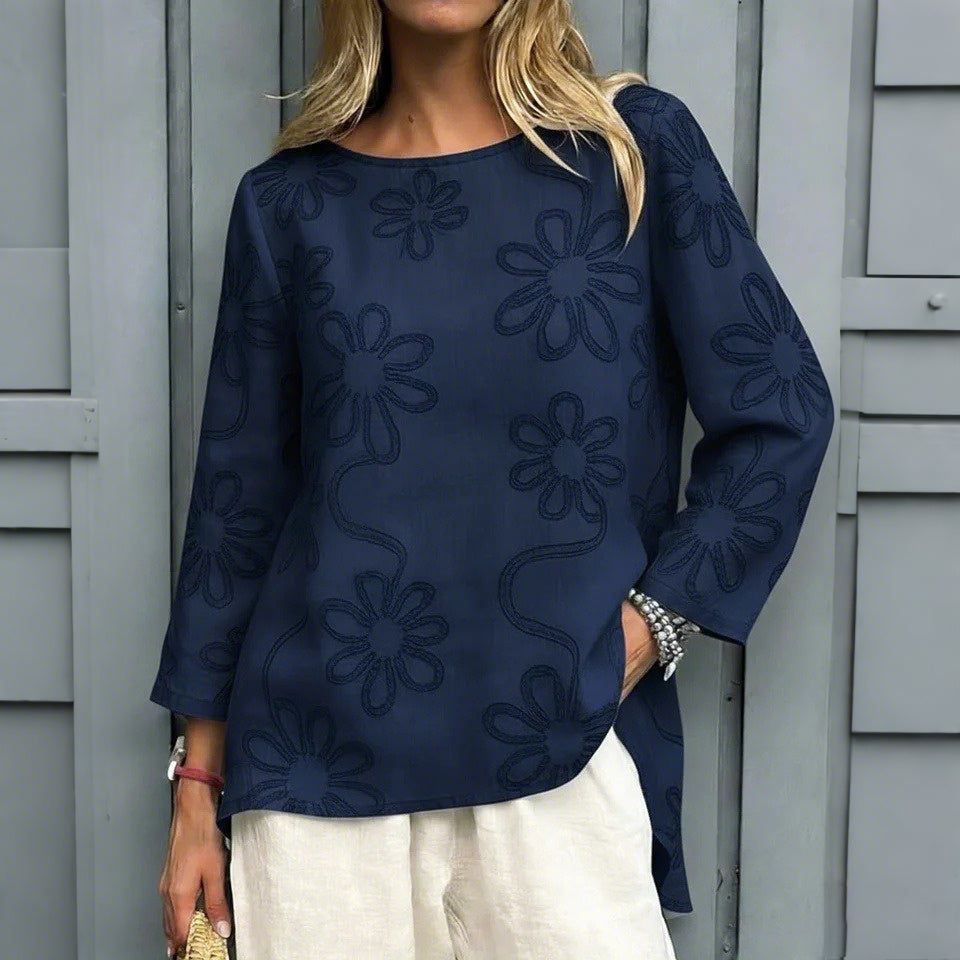 Cardydony Women's Vintage Flower Embroidery Cotton Linen Shirt