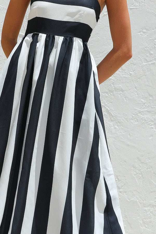Cardydony Women's Color-blocked Striped Print Square Neck Suspender Casual Pocket Maxi Dress