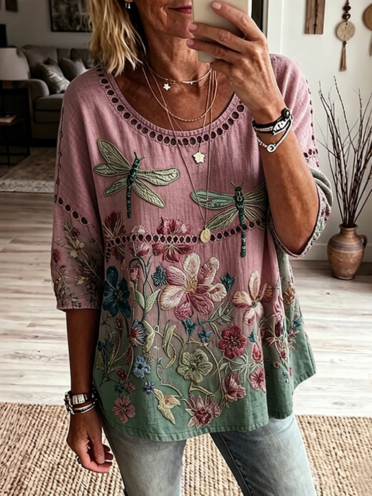 Cardydony Women's Bohemian Dragonfly And Floral Art Print Flowy Linen Blend Casual Tops