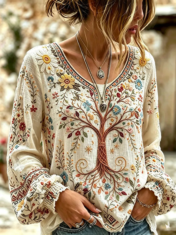 Cardydony Women's Vintage Life Tree Art Print Flowy Linen Blend Linen Blend Long Sleeve Casual Tops