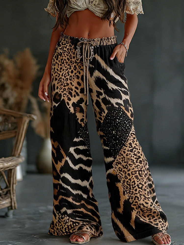 Cardydony Women's Leopard And Animal Patchwork Art Print Flowy Linen Blend Casual Pants