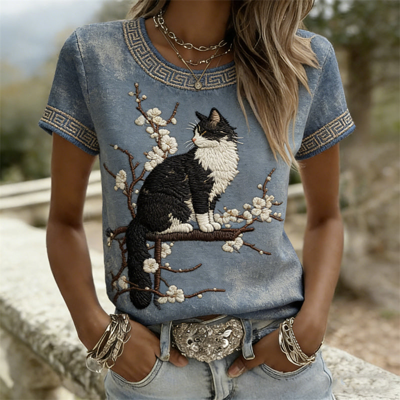 Cardydony Fuzzy Cat & Almond Blossom Japanese Art T Shirt