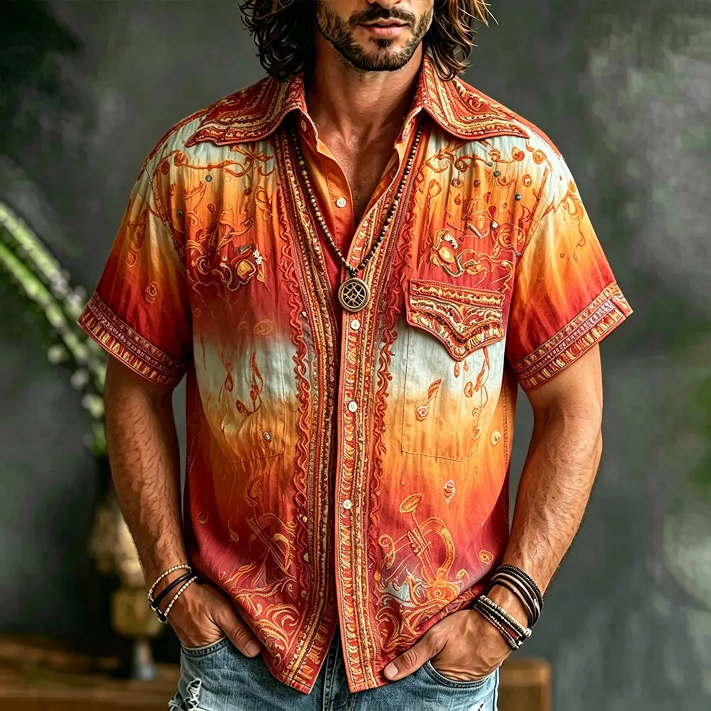 Cardydony 70s Hippie Gradient Music Embroidery Shirt Men Boho Paisley Short Sleeve Vacation Camp Shirt