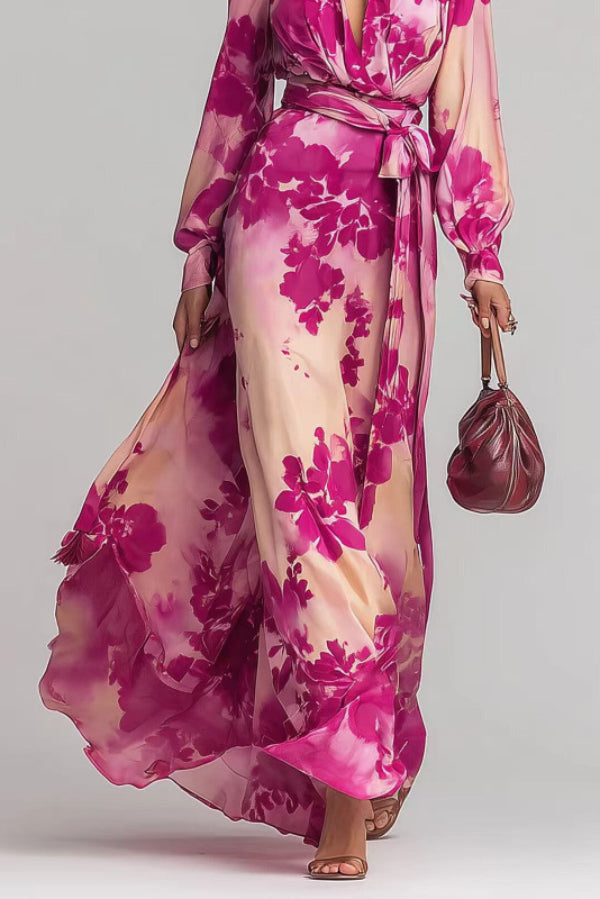 Cardydony Women's Floral Print Chiffon Long-Sleeved V-Neck Tie Waist Elegant Maxi Dress