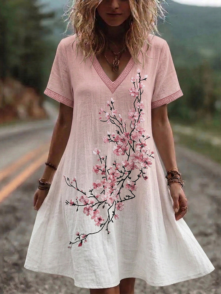 Cardydony Women's Retro Cherry Blossom Gradient Design Short Sleeve Mini Dress