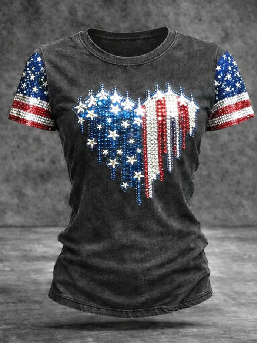 Cardydony Women's Vintage Independence Day Flag Pattern Short-sleeve T-shirt