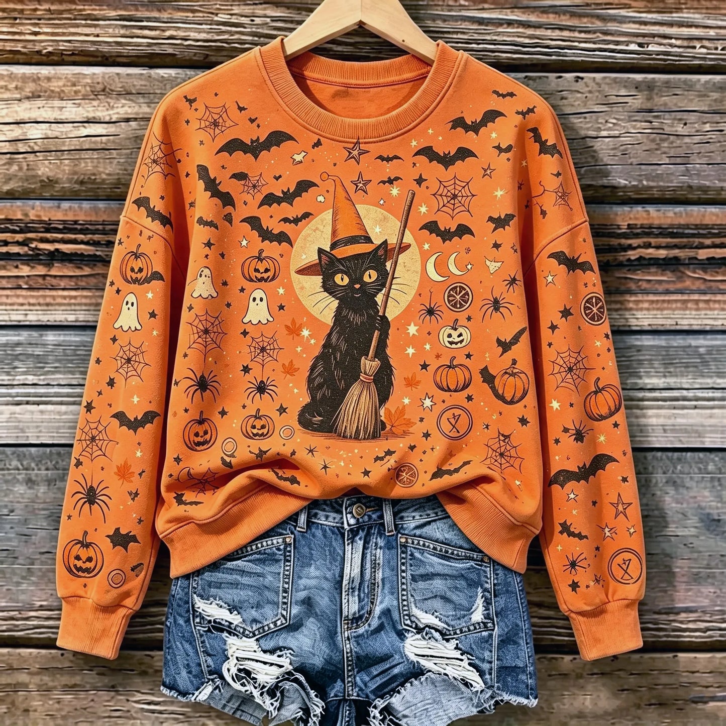 Cardydony Women's Retro Halloween Cat, Ghost, And Spider Print Sweatshirt