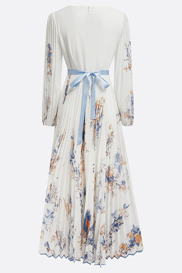 Cardydony Women's Unique Printed V-Neck Long Sleeve Bow Tie Waist Holiday Maxi Dress