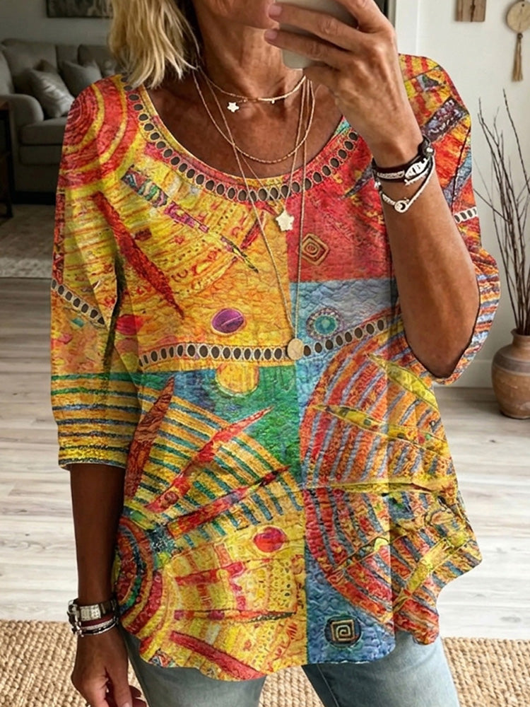 Cardydony Women's Retro Abstract Oil Painting Patchwork Casual Mid-sleeve Top