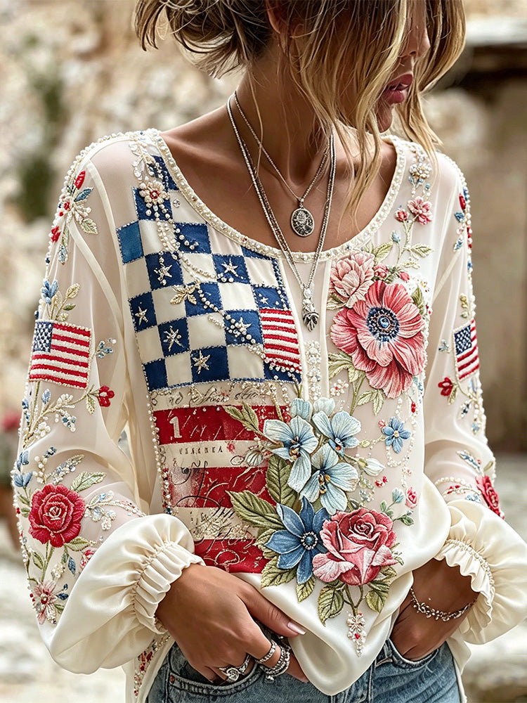 Cardydony Boho Patriotic Floral American Flag Checkerboard Rhinestone Embroidery Long Sleeve Top