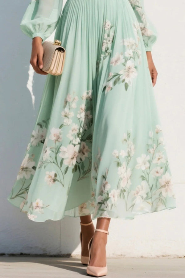 Cardydony Women's Floral Print V-neck Long-sleeved Fitted Waist Casual Maxi Dress