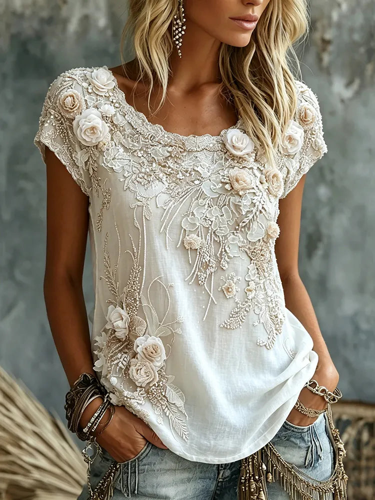 Cardydony Women's Retro Bohemian Floral Pattern Casual Cotton-linen Blend T-shirt