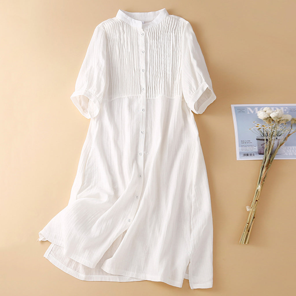 Cardydony Women's Solid Color Multi-pleated Linen Blend Dress