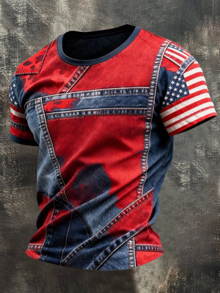 Cardydony Men's Retro Denim Patchwork Flag Color Short-sleeve T-shirt