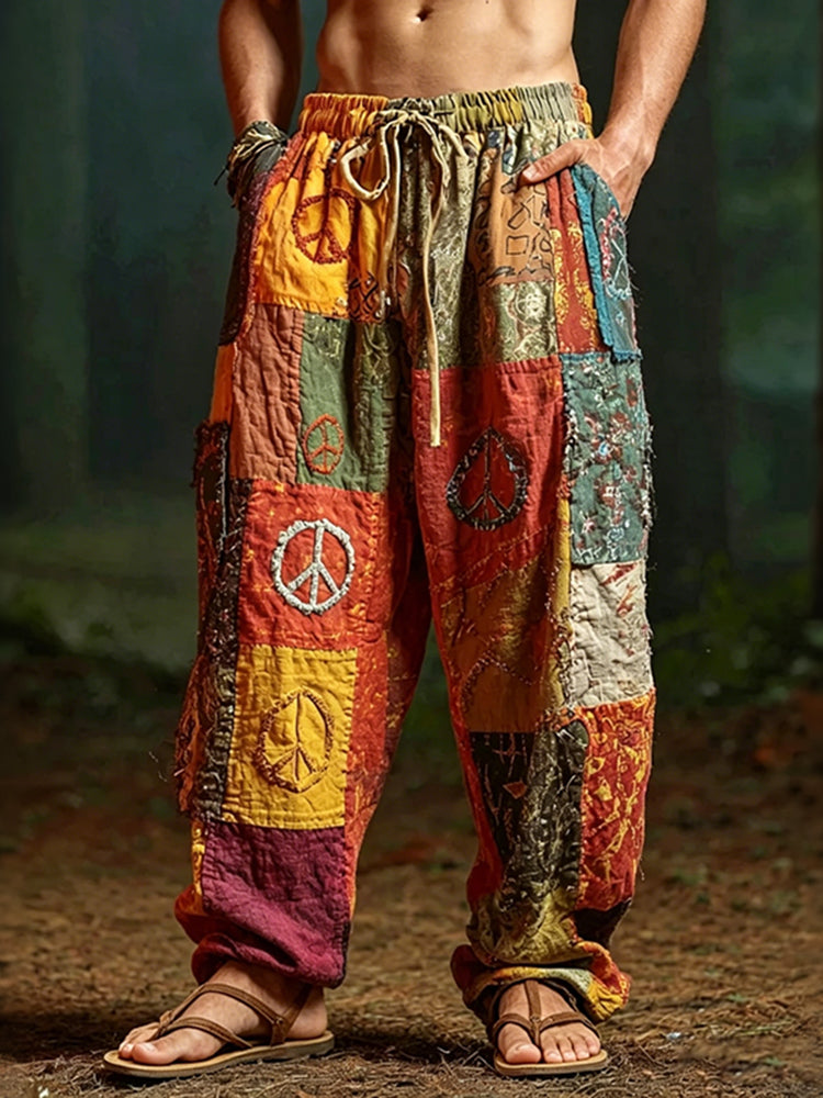Cardydony Men's Colorful Hippie Art Peace Sign Patchwork Print Casual Pants
