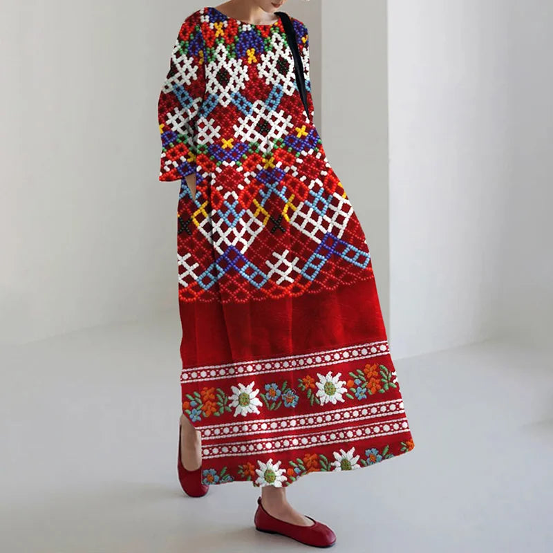 Cardydony Greenland National Costume Inspired Pattern Linen Maxi Dress