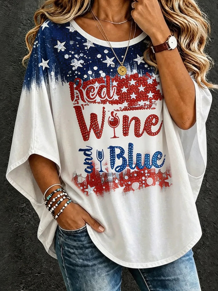 Cardydony Women's Vintage Independent Day Art Print Three-quarter Sleeve Round Neck Linen Tops