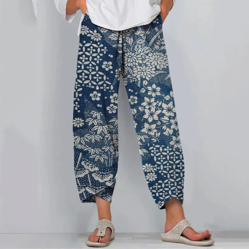 Cardydony Vintage Japanese Art Flower Print Casual Pants
