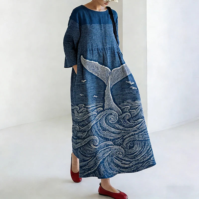 Cardydony Women's Japanese Art Ocean Pattern Linen Dress