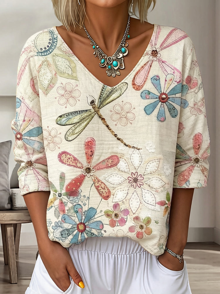 Cardydony Women's Vintage Floral In Gradient Art Print Flowy Linen Blend Three-quarter Sleeve V Neck Linen Tops