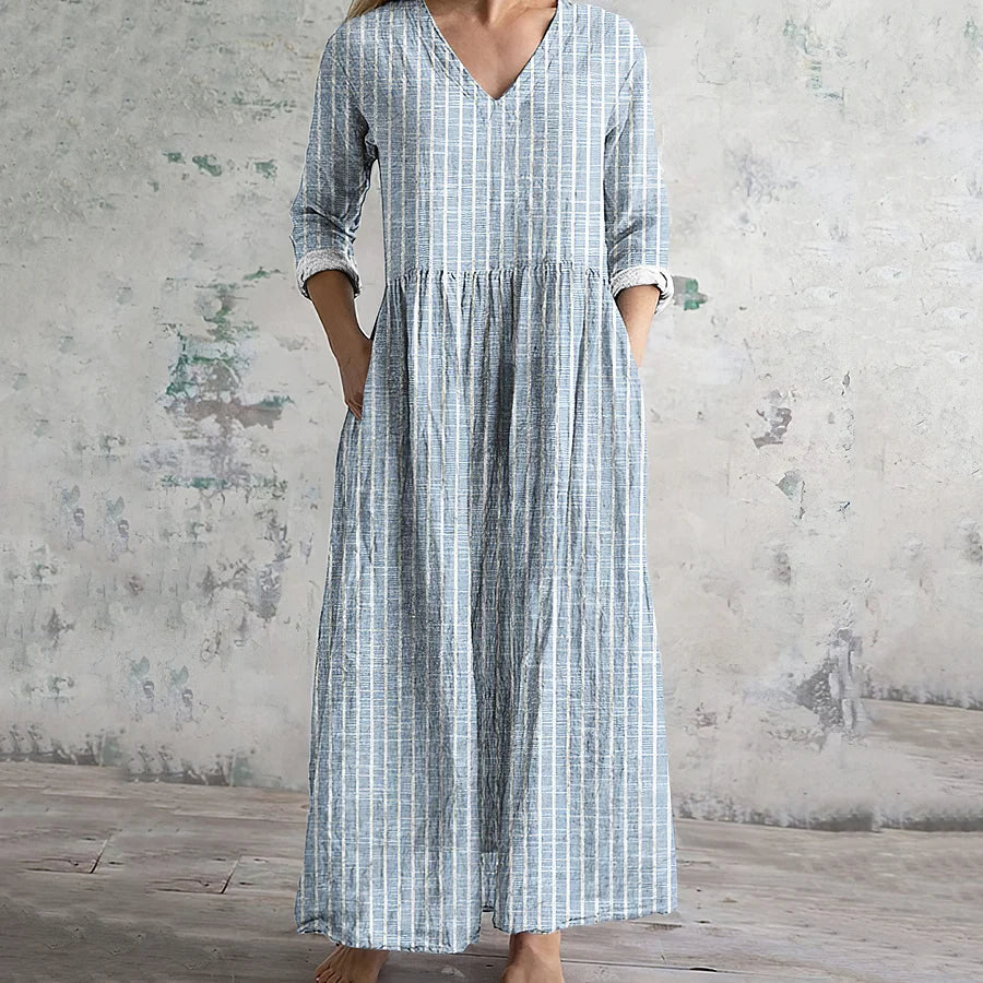 Cardydony Vintage Stripe Pattern Women's Linen Dress