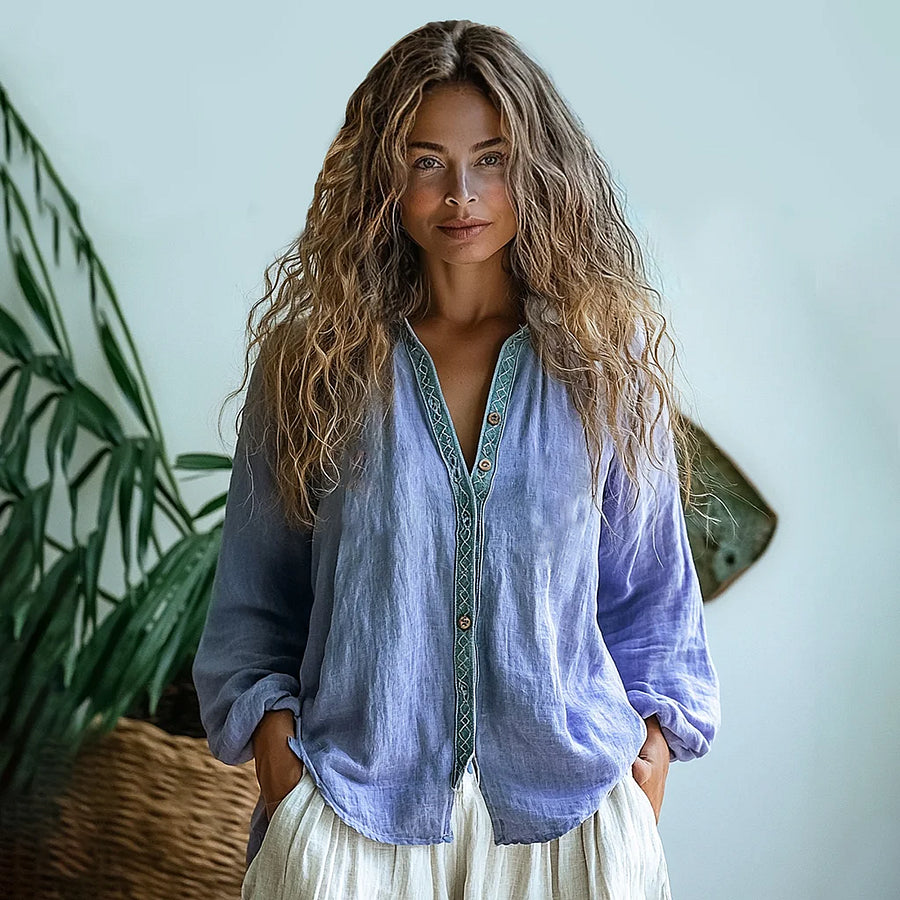 Cardydony Bohemian Style Linen Print Long Sleeve Shirt