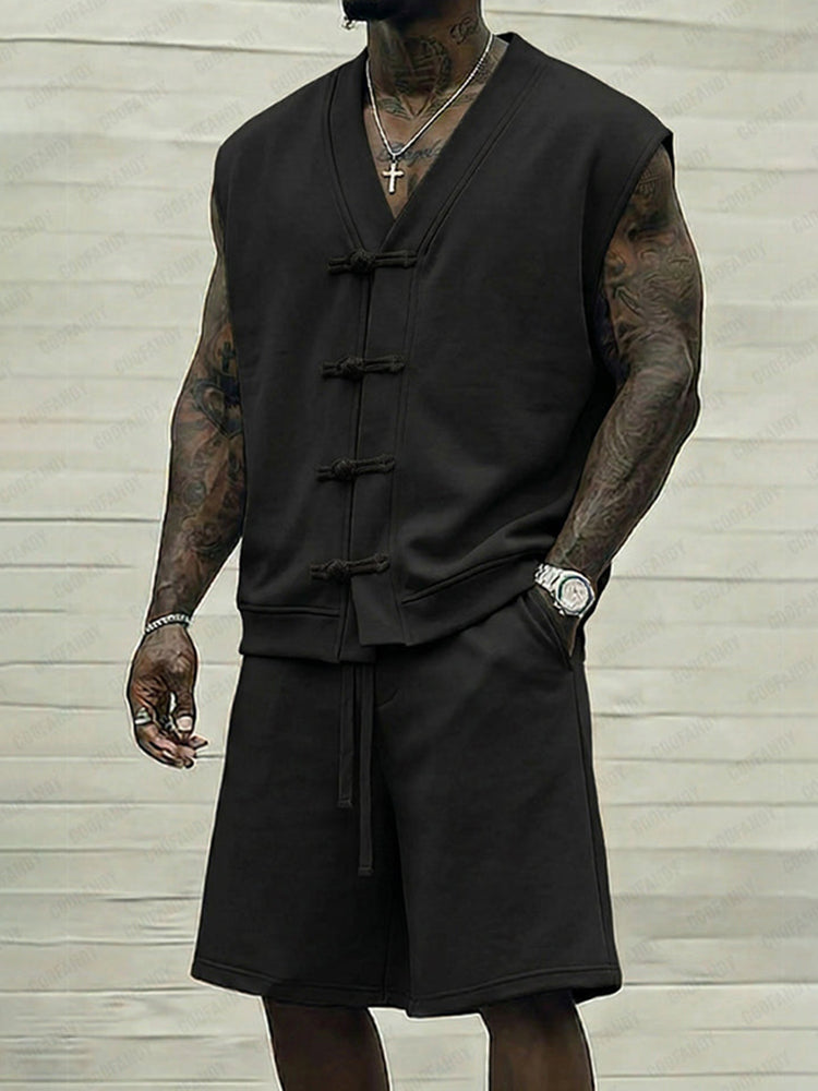 Cardydony Men's Casual Sleeveless Frog Button Tank Top Shorts Two Piece Set