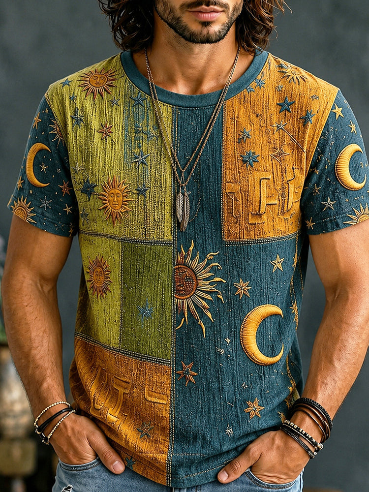 Cardydony Men's Mysterious Sun Moon Boho Hippie Patchwork Print T-shirt