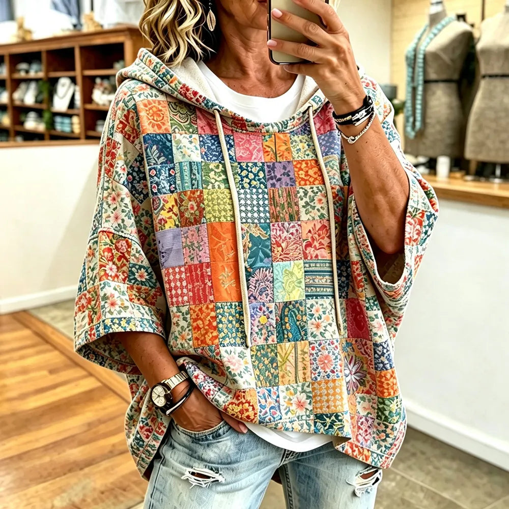 Cardydony Women's Boho Casual Hooded Sweatshirt - Colorful Floral Patchwork Print Pullover Top