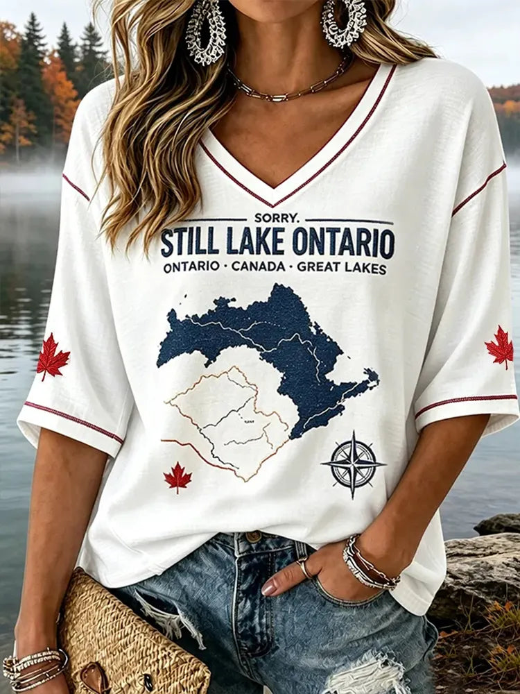 Cardydony Women's "always Lake Ontario" Comfortable Mid-length Sleeves V-neck T-shirt