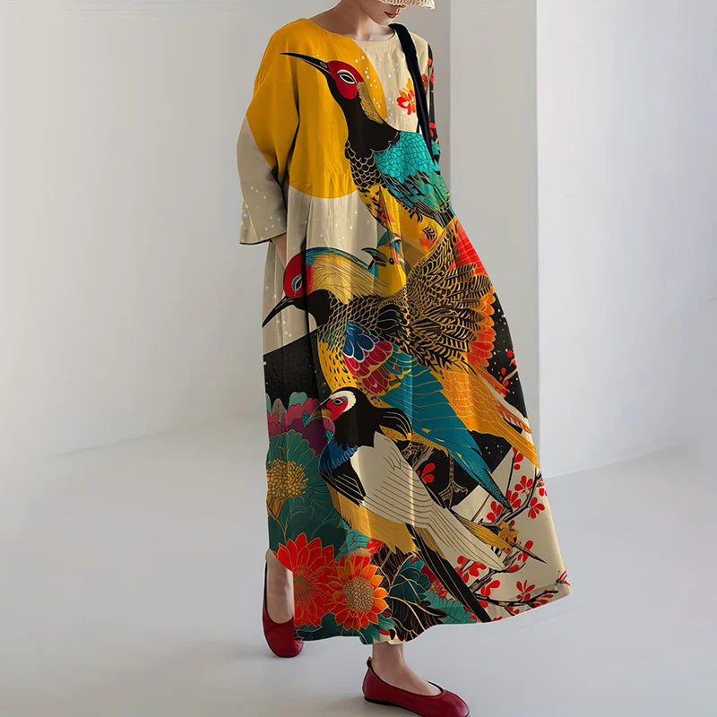 Cardydony Women's Retro Japanese Floral And Bird Art Print Midi Dress