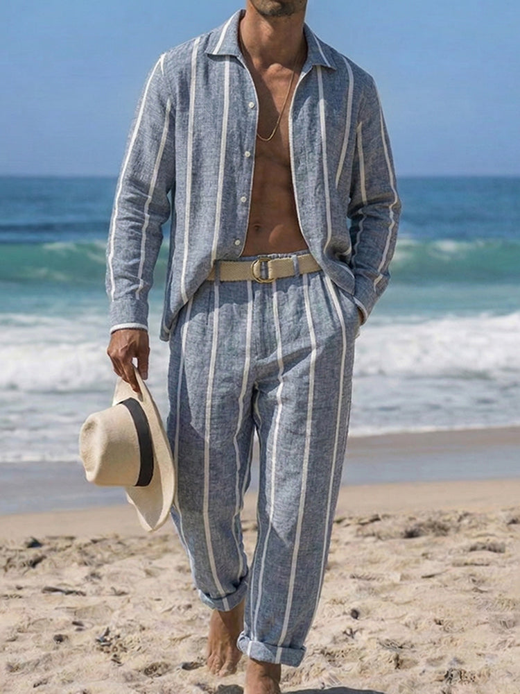 Cardydony Linen Simple Striped Shirt And Trousers Vacation Set