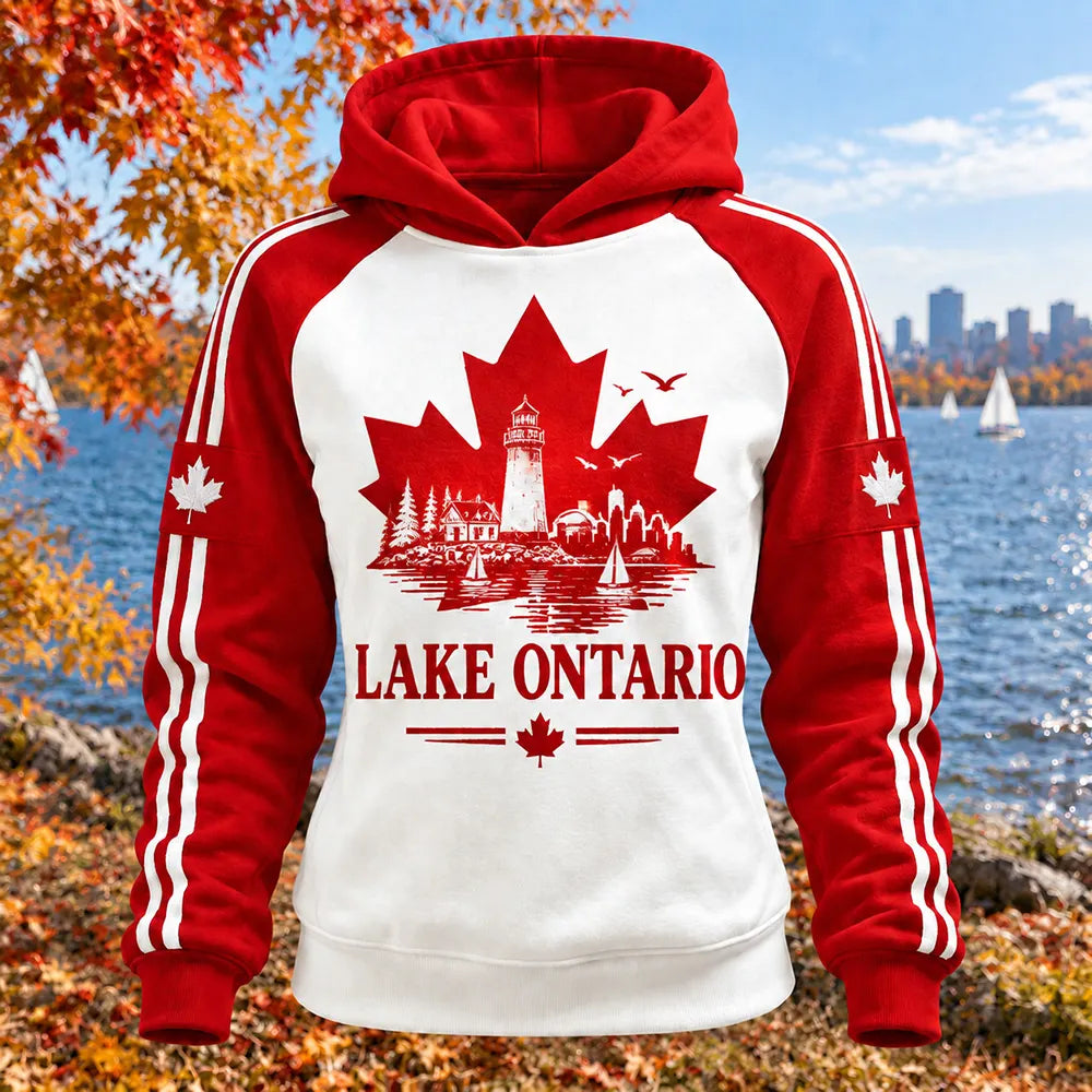 Cardydony Women's Lake Ontario Letter Minimalist Print Casual Raglan Sleeve Hoodie