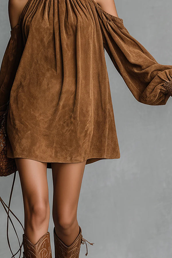 Cardydony Women's Stylish Off-shoulder Lantern-sleeved Suede Loose Mini Dress